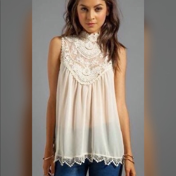 Tops - Cream Lace Top - Sleeveless